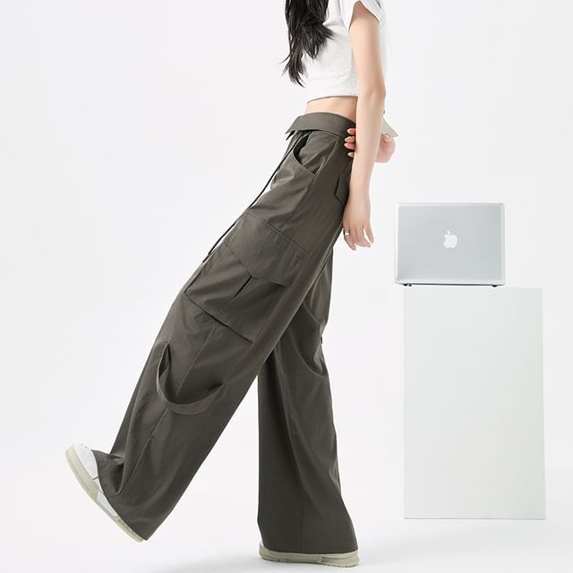 High Waist Folded Waistline Plain Straight-Fit Wide-Leg Cargo Pants SpreePicky