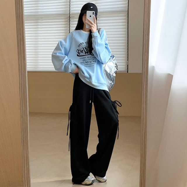 High Rise Plain Bow Accent Loose-Fit Wide-Leg Sweatpants SpreePicky