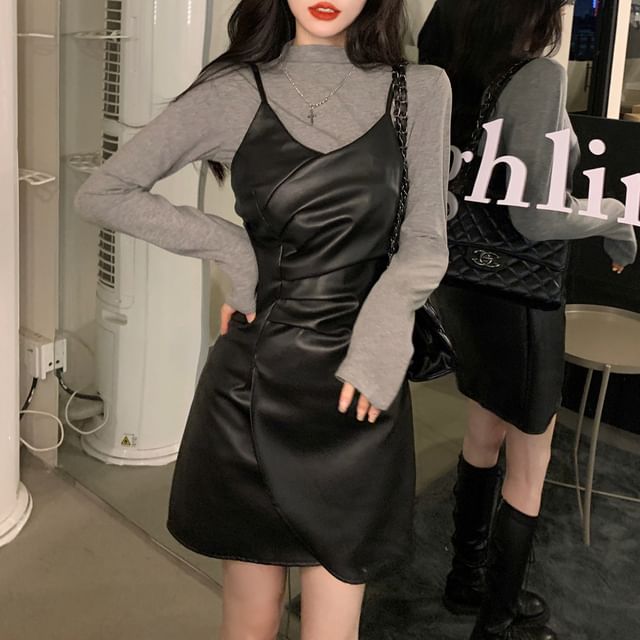 Long-Sleeve Mock Neck Plain Tee / Spaghetti Strap V-Neck Faux Leather Mini A-Line Dress SpreePicky