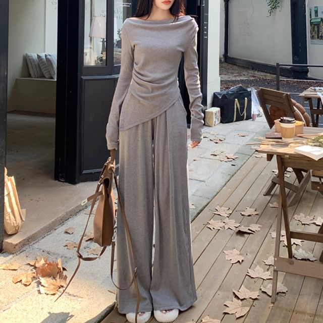 Set: Long-Sleeve Off Shoulder Plain Ruched Slit Tee + Mid Rise Plain Wide Leg Pants SpreePicky