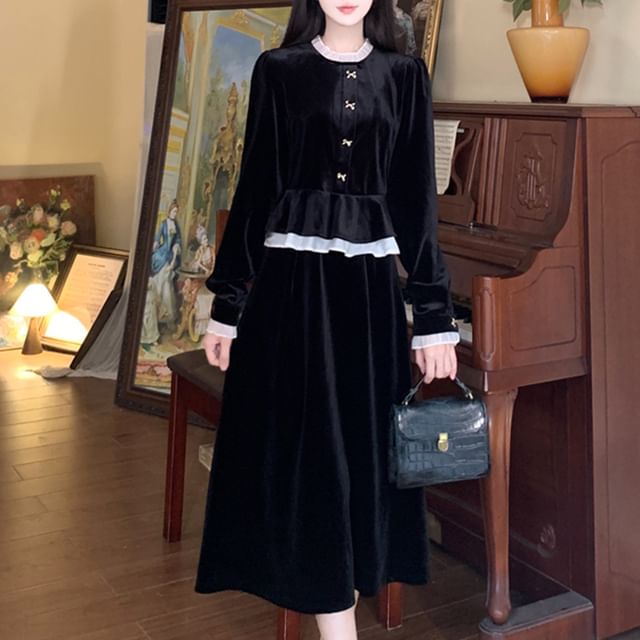 Long Sleeve Band Collar Ruffle Hem Velvet Midi A-Line Dress SpreePicky