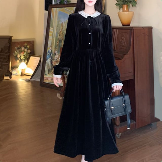 Long Sleeve Peter Pan Collar Lace Trim Velvet Midi A-Line Dress SpreePicky