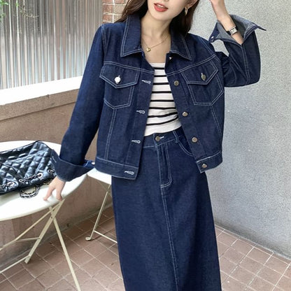 Set: Collared Plain Denim Button Jacket + Mid Rise Denim Midi A-Line Skirt SpreePicky