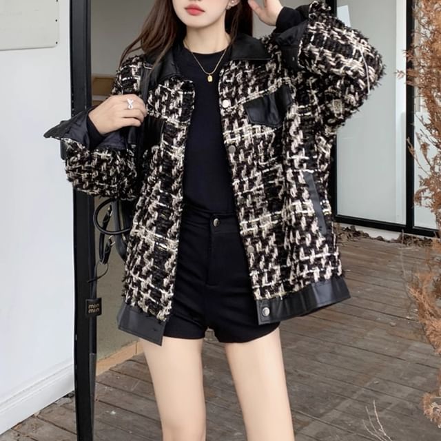 Collared Houndstooth Tweed Button Down Jacket SpreePicky