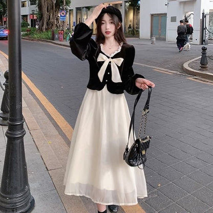 Long Sleeve V-Neck Bowknot Mock Two Piece Midi A-Line Dress SpreePicky