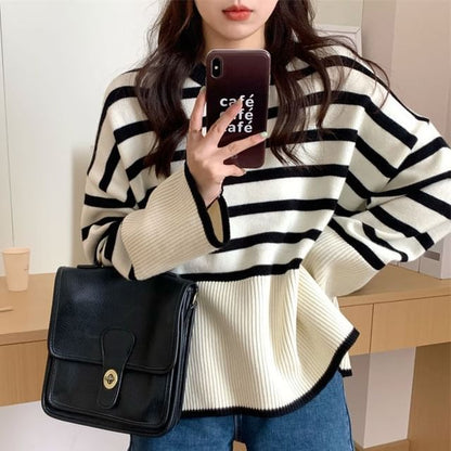 Oversized Side-Slit Striped Knit Top SpreePicky