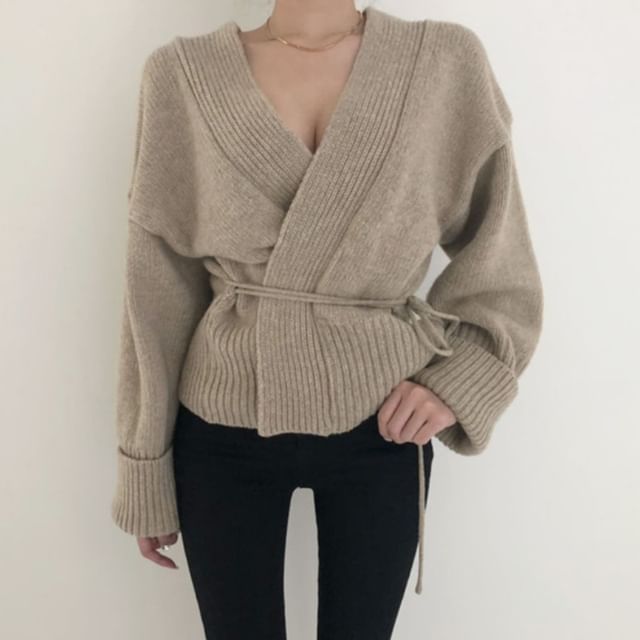 Wrapped V-Neck Knit Cardigan with Sash SpreePicky