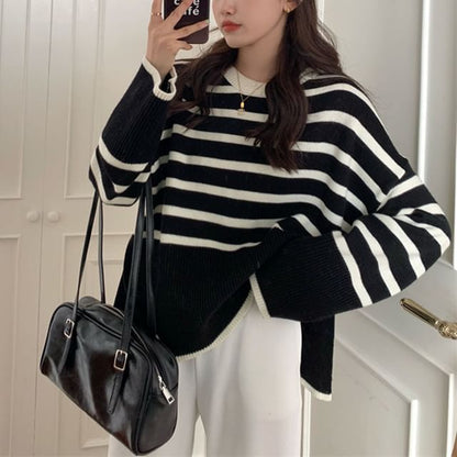 Oversized Side-Slit Striped Knit Top SpreePicky