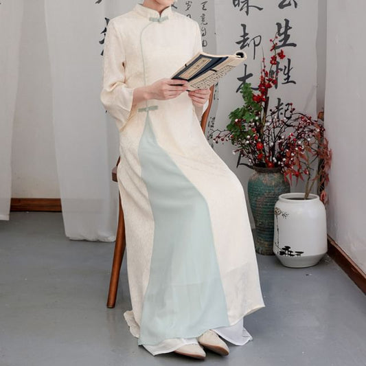 Flared-Sleeve Two Tone Maxi Hanfu Dress / Mid Rise Plain Wide Leg Pants SpreePicky