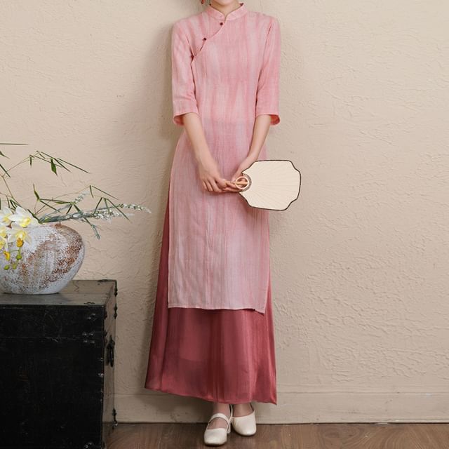 Elbow-Sleeve Striped Side-Slit Midi Hanfu Dress / Mid Rise Plain Maxi A-Line Skirt / Set SpreePicky