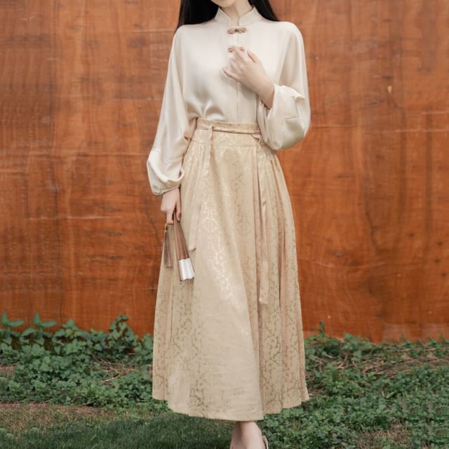 Puff-Sleeve Mock Neck Plain Blouse / High Rise Patterned Maxi A-Line Skirt / Set SpreePicky