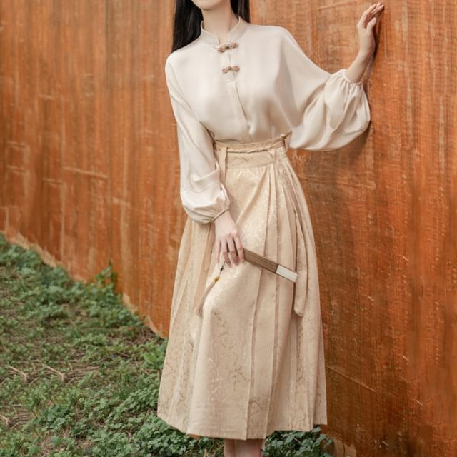 Puff-Sleeve Mock Neck Plain Blouse / High Rise Patterned Maxi A-Line Skirt / Set SpreePicky