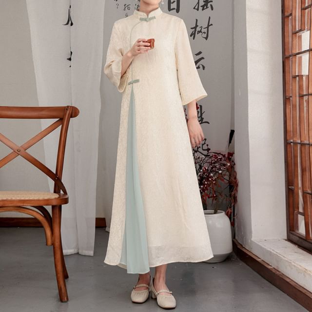 Flared-Sleeve Two Tone Maxi Hanfu Dress / Mid Rise Plain Wide Leg Pants SpreePicky