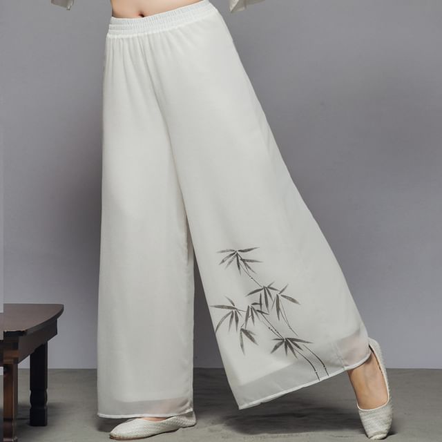 Flared-Sleeve Two Tone Maxi Hanfu Dress / Mid Rise Plain Wide Leg Pants SpreePicky