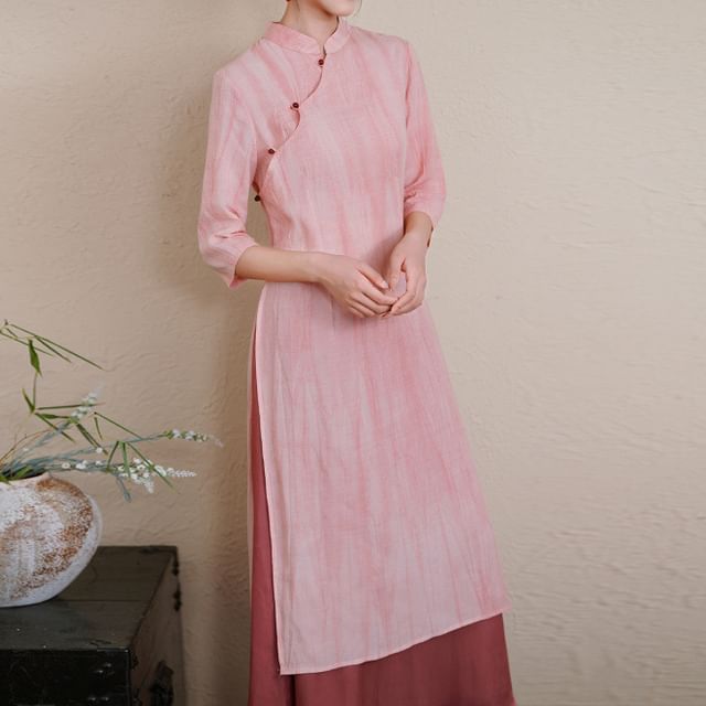 Elbow-Sleeve Striped Side-Slit Midi Hanfu Dress / Mid Rise Plain Maxi A-Line Skirt / Set SpreePicky