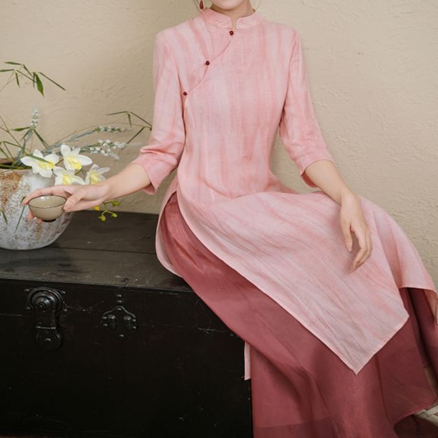 Elbow-Sleeve Striped Side-Slit Midi Hanfu Dress / Mid Rise Plain Maxi A-Line Skirt / Set SpreePicky