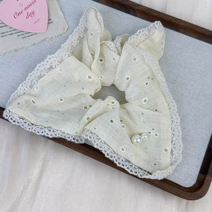 Lace-Trim Faux Pearl Accent Scrunchie SpreePicky