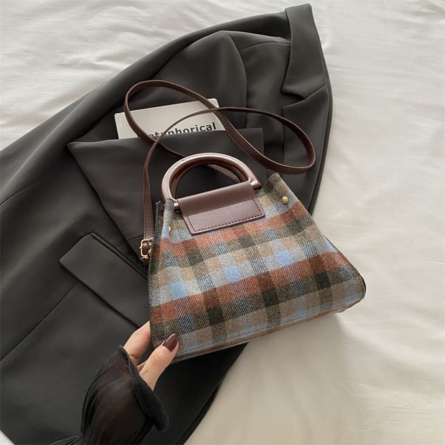 Set: Plaid Shoulder Bag + Plain Faux Leather Pouch SpreePicky