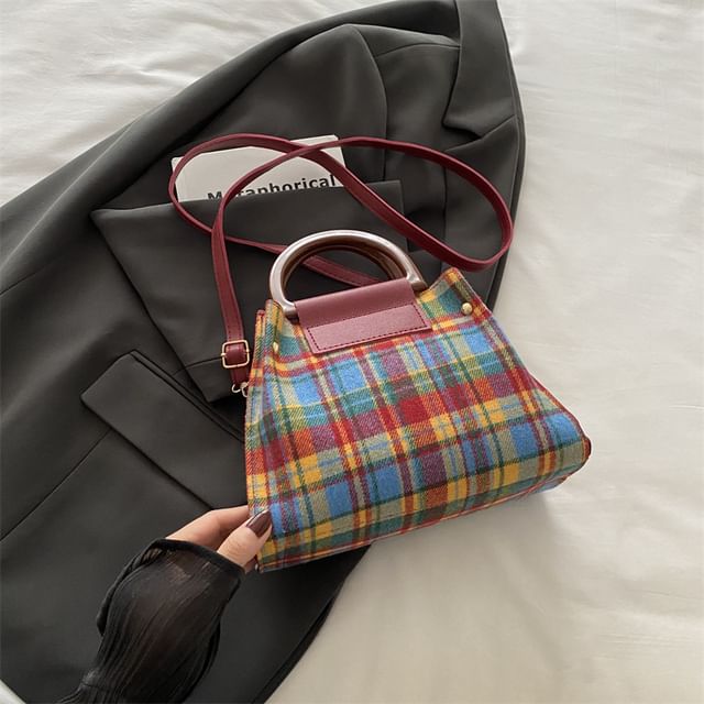 Set: Plaid Shoulder Bag + Plain Faux Leather Pouch SpreePicky