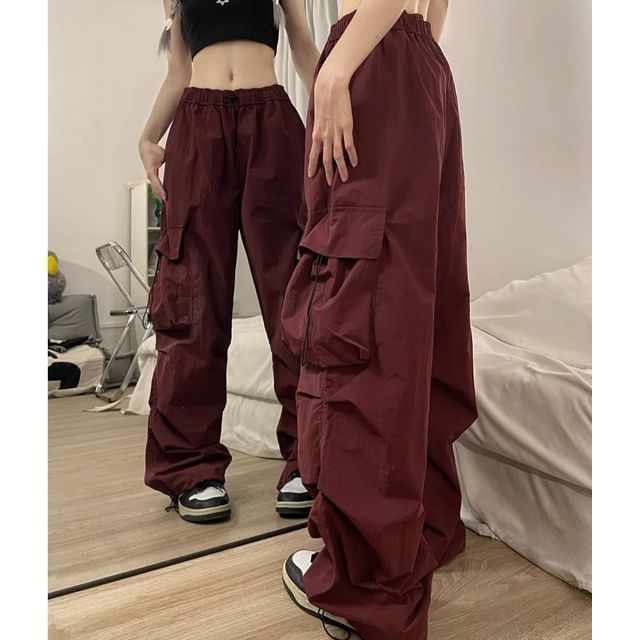 Low Waist Plain Wide Leg Cargo Pants SpreePicky