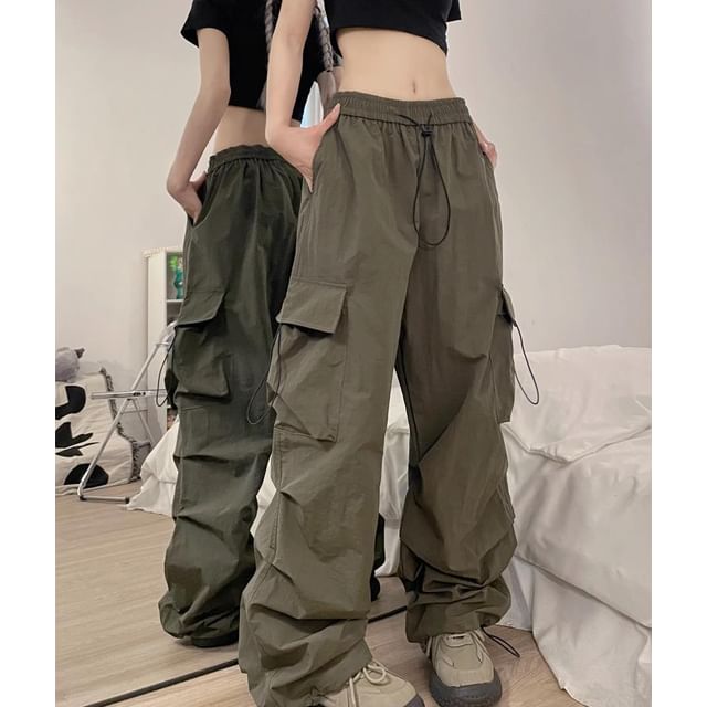 Low Waist Plain Wide Leg Cargo Pants SpreePicky