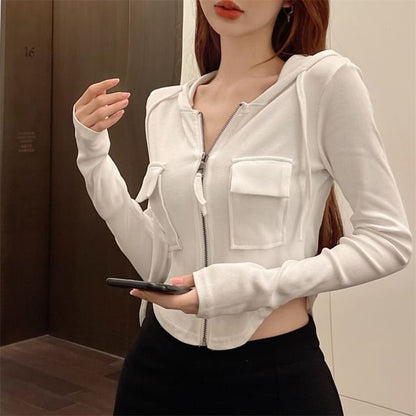 Plain Hooded Crop Zip Jacket SpreePicky