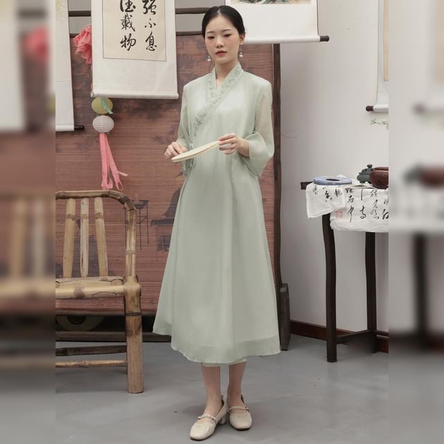 Traditional Chinese 3/4-Sleeve Midi A-Line Dress / Pants SpreePicky