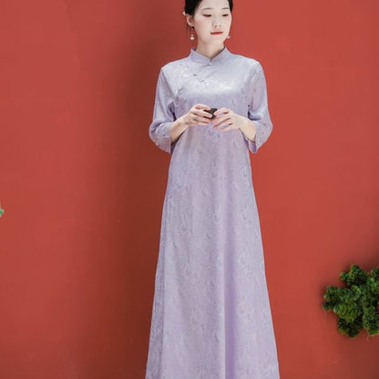 Traditional Chinese Long-Sleeve Print Maxi A-Line Dress / Wide Leg Pants SpreePicky