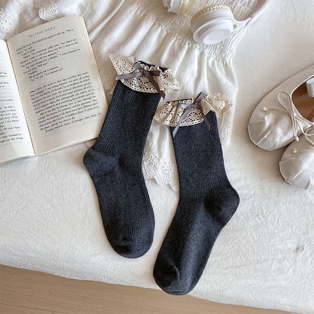 Bow Lace Trim Ribbed Socks / Set SpreePicky