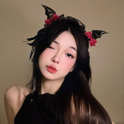 Set:  Halloween Devil Wings Bow Hair Clip + Lace Headband SpreePicky