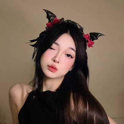 Set:  Halloween Devil Wings Bow Hair Clip + Lace Headband SpreePicky