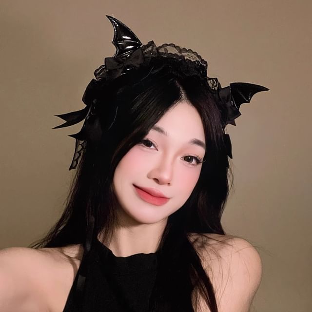 Set:  Halloween Devil Wings Bow Hair Clip + Lace Headband SpreePicky