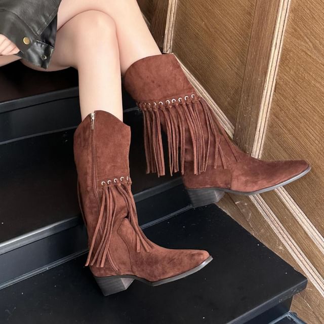 Fringe Block Heel Mid-Calf Boots SpreePicky