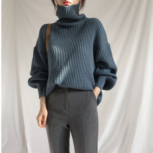 Bubble-Sleeve High-Neck Ribbed Sweater SpreePicky