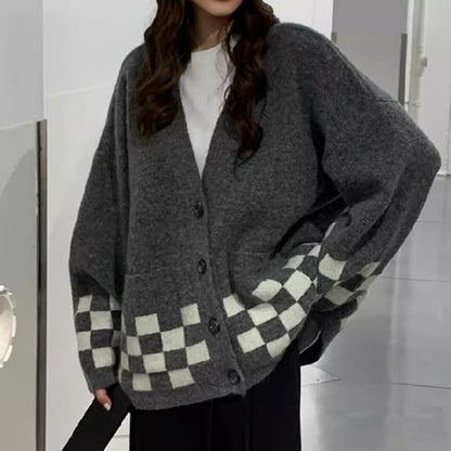 Oversized Checker V-Neck Cardigan SpreePicky