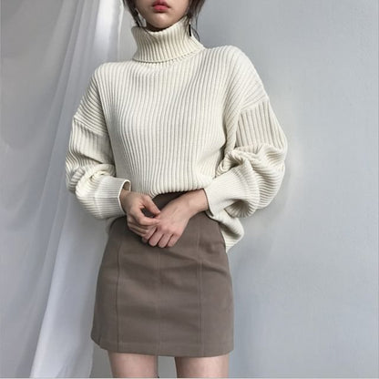 Bubble-Sleeve High-Neck Ribbed Sweater SpreePicky