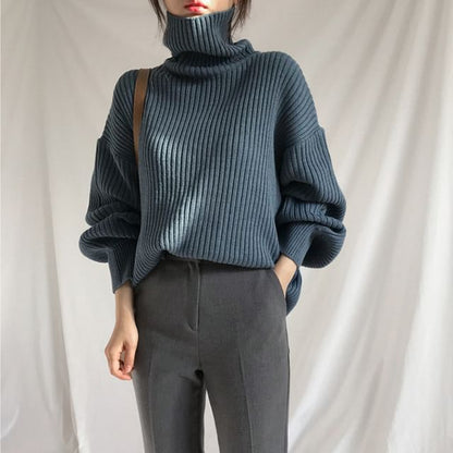 Bubble-Sleeve High-Neck Ribbed Sweater SpreePicky