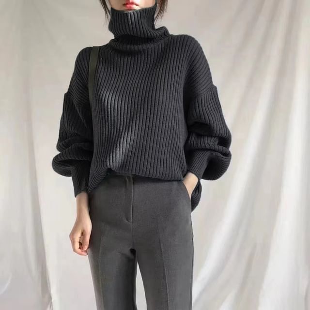 Bubble-Sleeve High-Neck Ribbed Sweater SpreePicky