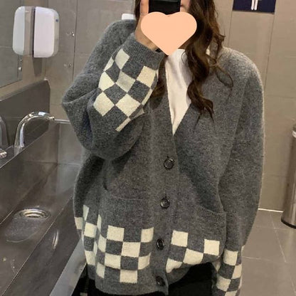 Oversized Checker V-Neck Cardigan SpreePicky