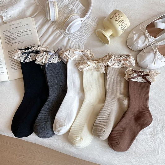 Bow Ribbed Lace Trim Socks SpreePicky