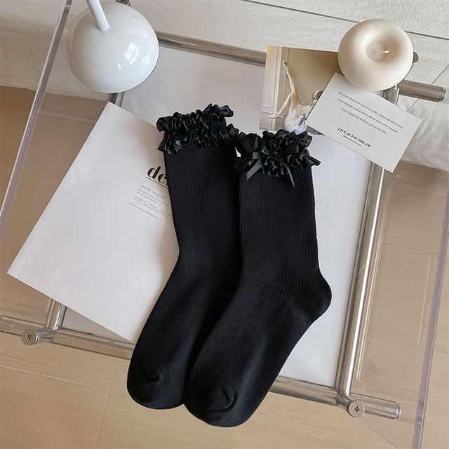 Bow Ruffle Trim Ribbed Socks SpreePicky