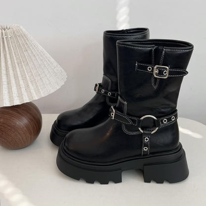 Contrast Stitching Buckled Platform Chunky Heel Short Boots SpreePicky