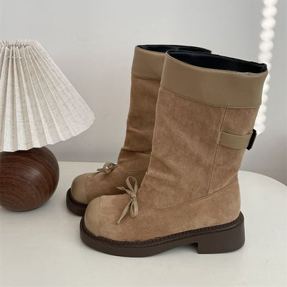 Cap Toe Bow Platform Chunky Heel Short Boots SpreePicky