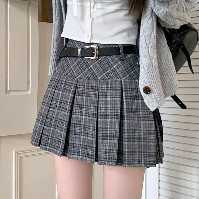 High Rise Plaid Pleated Mini A-Line Skirt SpreePicky