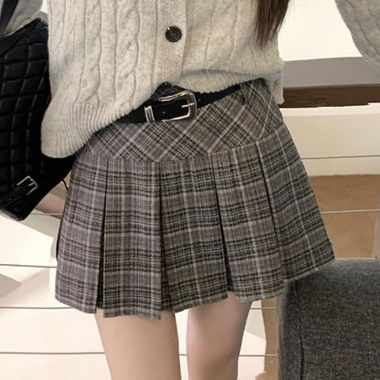 High Rise Plaid Pleated Mini A-Line Skirt SpreePicky