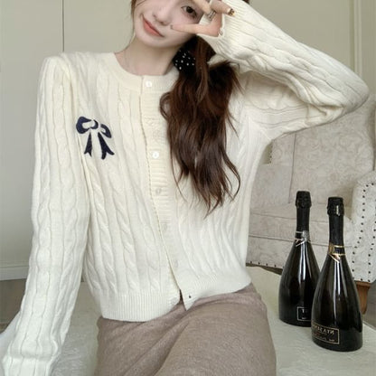 Round Neck Bow Embroidered Cable Knit Cardigan SpreePicky