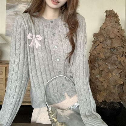 Round Neck Bow Embroidered Cable Knit Cardigan SpreePicky