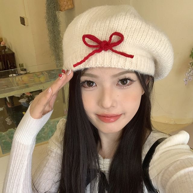 Bow Knit Beret Hat SpreePicky