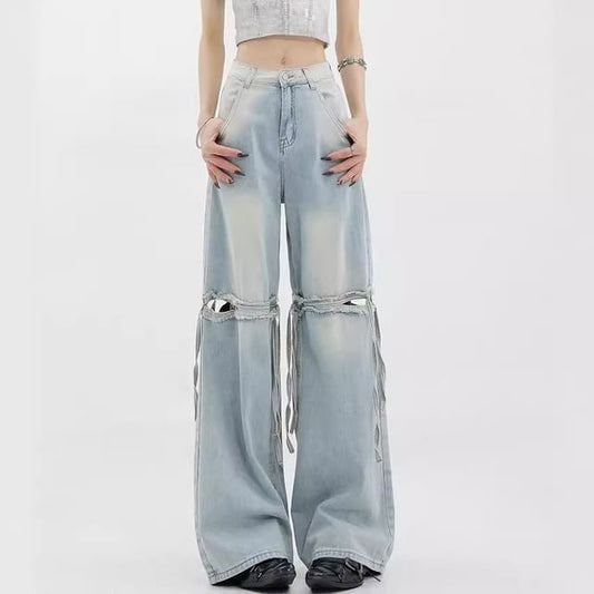 Low Waist Washed Cut-Out Straight-Fit Wide-Leg Jeans SpreePicky