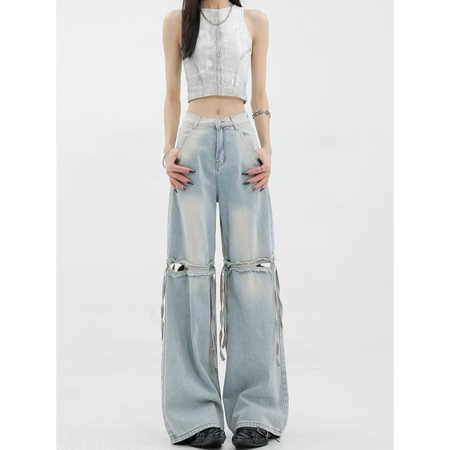 Low Waist Washed Cut-Out Straight-Fit Wide-Leg Jeans SpreePicky